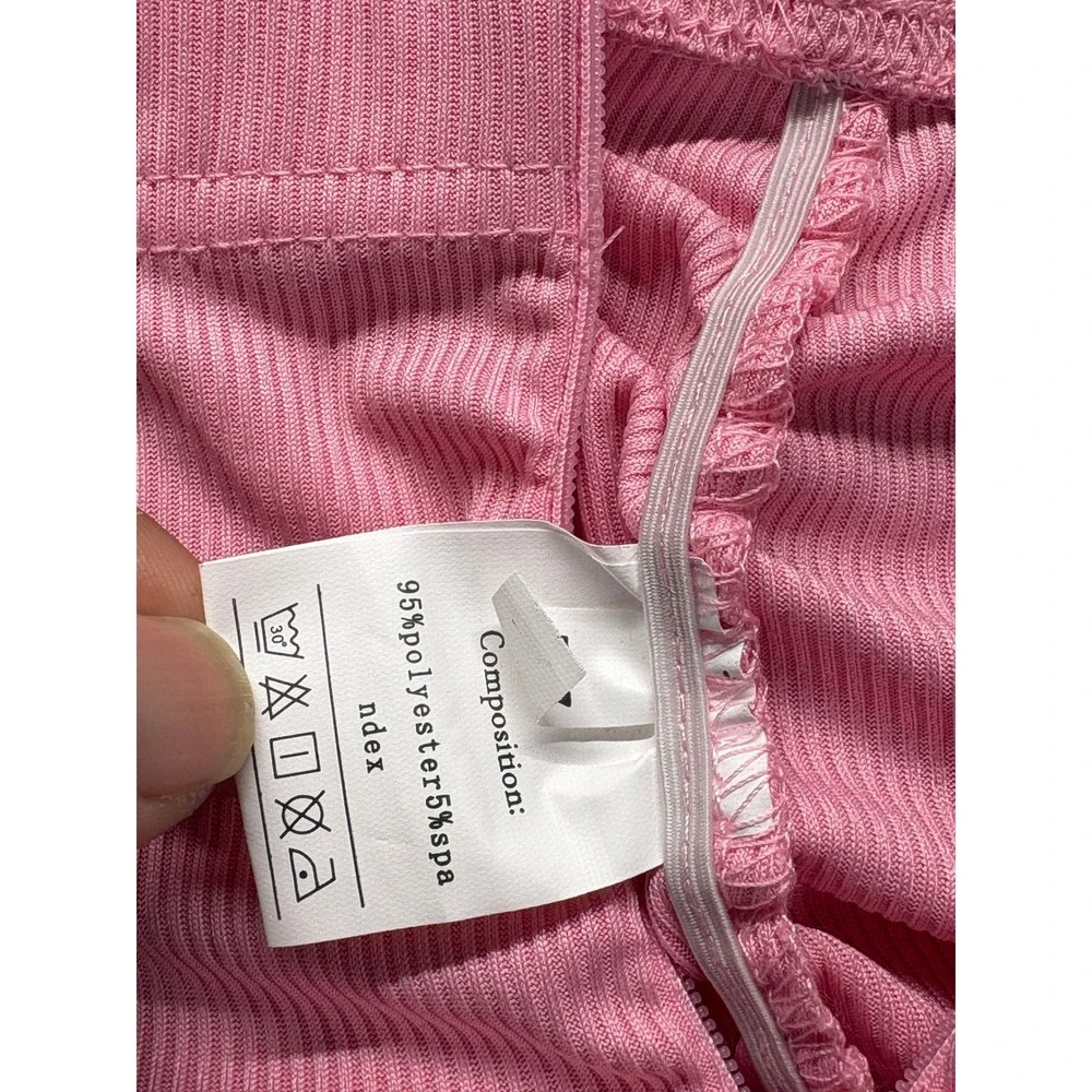 Pink Ribbed Ruched Stacked Leggings High Waisted Tie Hem Pants 2XL